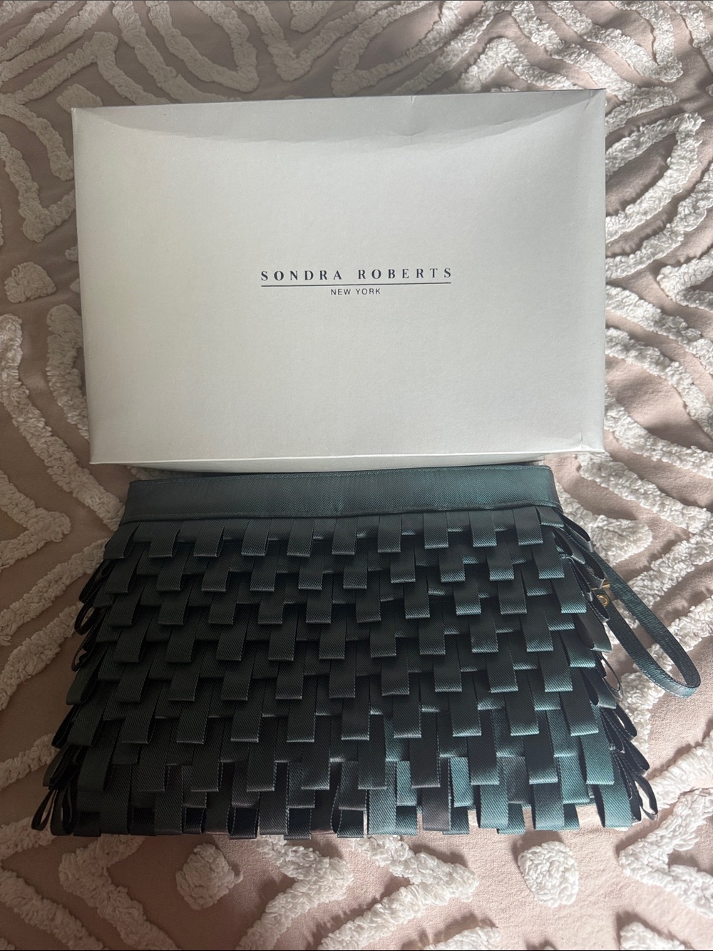 Sondra Roberts Teal Satin Woven Fringe Clutch